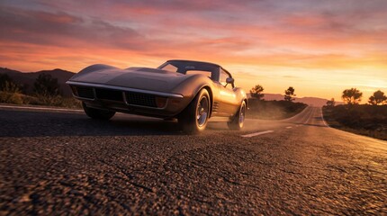 Classic convertible car speeding on a winding road during a vibrant sunset with mountains in the background