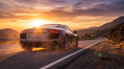 Sport car driving on a winding mountain road at sunset with scenic landscape and glowing sky