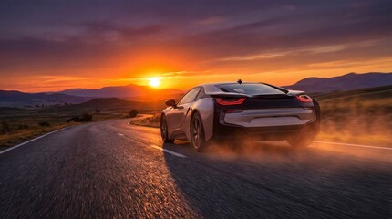 Sport car driving on a winding road during sunset in mountainous landscape