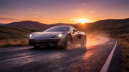 Sport car driving on a winding mountain road at sunset with vibrant sky and scenic landscape