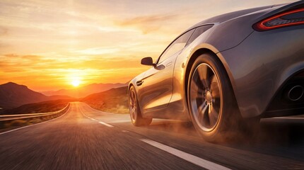Sport car driving on a desert road at sunset with mountains in the background
