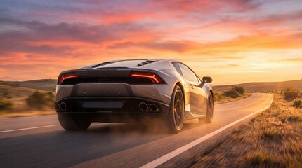 Sport car driving on a winding road during sunset in a scenic landscape