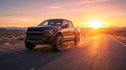 A rugged pickup truck driving on a desert road during a vibrant sunset with distant mountains