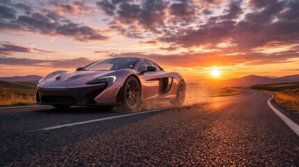 Sport car driving on a winding road during sunset with dramatic sky and scenic landscape