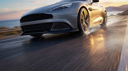 Sleek silver sports car speeding on a coastal road during sunset with mountains in the background