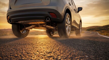 A close-up view of a car's undercarriage driving on a winding road during sunset with scenic hills in the background