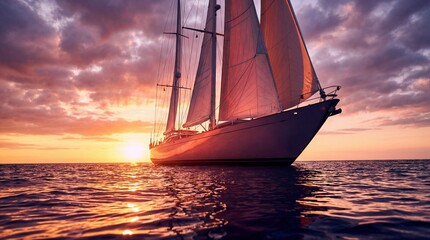 Majestic sailboat cruising on calm ocean waters during a vibrant sunset with billowing sails and reflective waves
