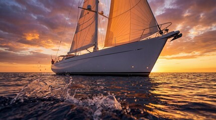 Majestic sailboat cruising on calm waters under a vibrant sunset sky