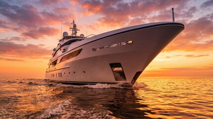 Luxury yacht sailing at sunset with vibrant orange and pink sky reflecting on calm ocean waters