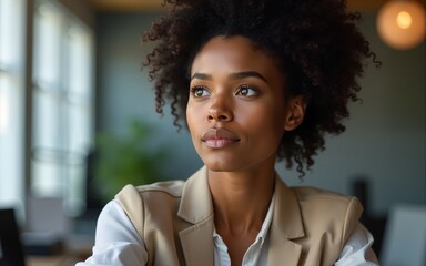 African business woman looking away with a pensive expression in her office. High quality