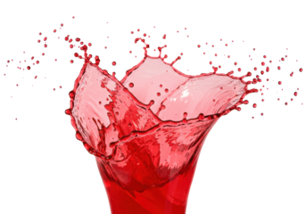 voluminous splash of glossy crimson hibiscus tea frozen mid-explosion, showing perfect droplets and tendrils in macro detail against a transparent copy space. concept for beverage advertising