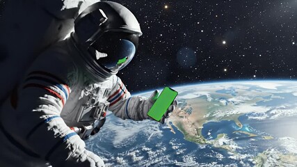 Astronaut floating in the vast expanse of space, holding a smartphone with a vibrant green screen above the majestic blue Earth, symbolizing global connection and technological reach