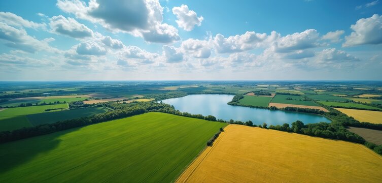Aerial view of vast farm fields, large lake. Green crops grow alongside golden harvest under blue sky with white clouds. Tranquil rural landscape shows country agri area nature. Summer season, sunny