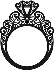 Ornate Christmas Black Silhouette of a Diamond Engagement Ring with Swirls on White jewelry wedding