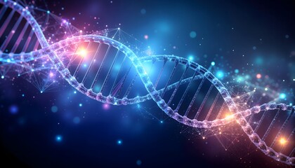 Illustration features a glowing DNA double helix rendered in vibrant neon colors