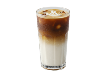 Perfect layered iced coffee latte, clear glass, rosetta latte art, crystal ice cubes, macro studio shot, dramatic rim lighting. concept for premium product advertising