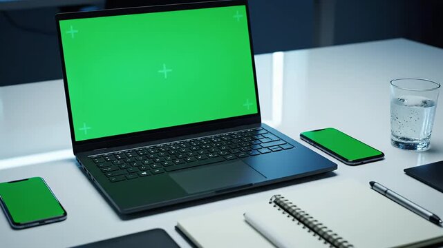 A laptop with a green screen sits on a white desk surrounded by green smartphones and office supplies.
