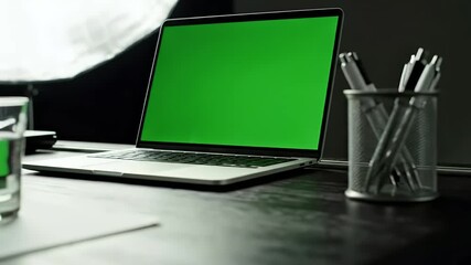 Close-up shot of a laptop computer with a vibrant green screen displaying a blank copy space, perfect for digital content creation and editing