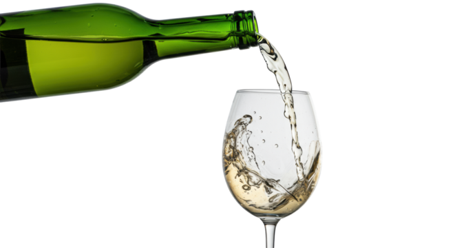 ultra-detailed frozen motion macro of pale white wine pouring from a green bottle into a crystal glass, strong backlight emphasizing texture and golden hue on transparent studio. Concept for beverage