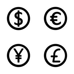 Fototapeta premium Currency icon set of dollar, euro, yen, and pound sterling isolated on white background, ideal for finance apps, global money exchange, banking, investment, and economic visuals.