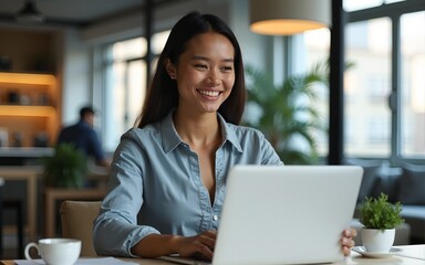 Confident professional in modern office working on laptop with coffee. High quality