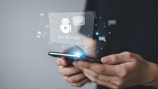 Person holding smartphone with holographic social media icons displayed in augmented reality interface