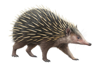 Cute spiny hedgehog animal walking. This isolated wildlife mammal, small creature of nature with brown fur and sharp spines, looks curious