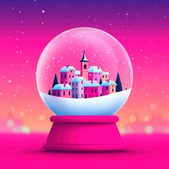 Obraz premium A colorful snow globe featuring a charming winter village with snow-covered rooftops and evergreen trees, set against a vibrant pink background.
