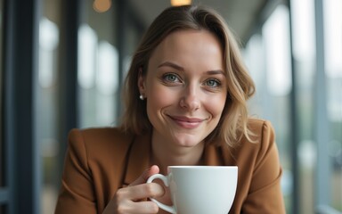 Contented female professional having coffee at office. High quality