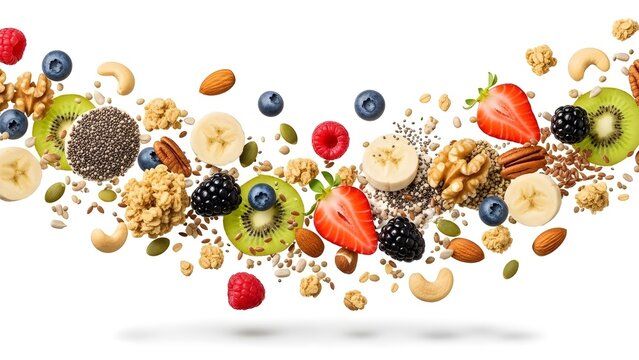 Wavy Composition of Flying Mixed Fruits, Nuts, and Grains