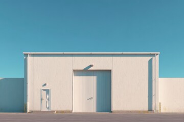 Obraz premium Warehouse Exterior: A minimalist warehouse facade with a large door and a smaller side entrance stands beneath a bright blue sky, the simplicity and the contrast of light and shadow.