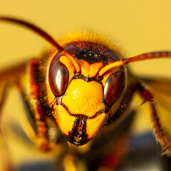 Beautiful big wasp. hornet, Vespa crabro L.  Hornet is a big wasp. Predator. Eats honey bees. Catches them at the entrance to the hive.
