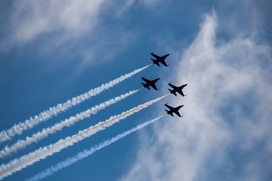 Four fighter jets flying in formation leaving smoke trails