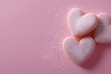 Fototapeta premium Three heart shaped pink cookies with powdered sugar, perfect for valentines day, romantic themes, baking, or love themed marketing materials.