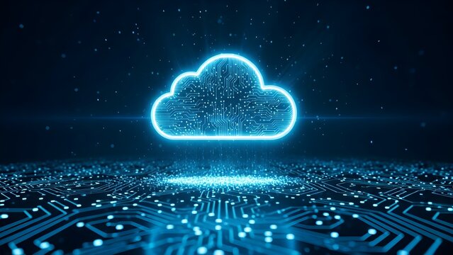 Glowing blue cloud formation hovers above a circuit board pattern, representing cloud computing and data storage in a digital environment. - Powered by Adobe