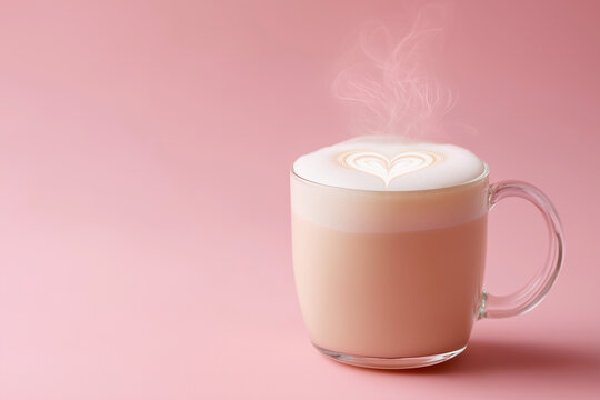 Steaming latte with heart shaped foam design, perfect for coffee shop branding, valentines day promotions, social media posts, and coffee themed designs.