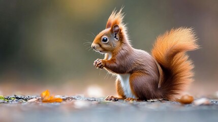 Eurasian red squirrel perched on tree branch in natural forest habitat
