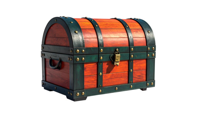 A weathered, rectangular wooden chest with metal accents and a prominent lock