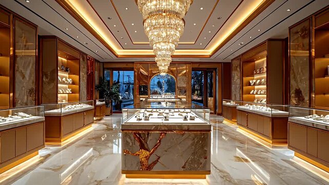 Luxurious Jewelry Store Interior With Crystal Chandelier Marble Floors and Gold Accents