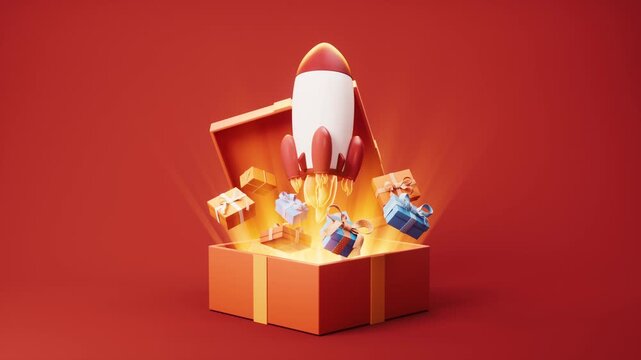 Opening red cartoon style gift box and rocket, 3d rendering 4k