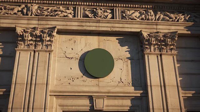 Ornate architectural detail featuring a circular plaque on a beige stone wall with intricate carvings