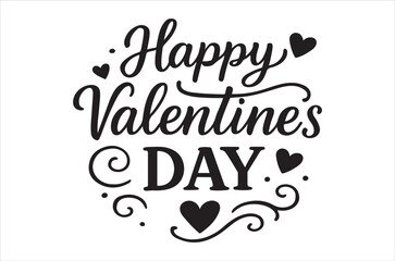 Happy valentine s day calligraphy with hearts and swirls on white background