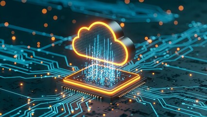 A glowing cloud icon sits atop a microchip, connected by beams of light, representing cloud computing and data transfer on a circuit board background.