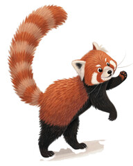 Playful red panda illustration of cute furry animal standing and waving paw. friendly character with long striped tail for design