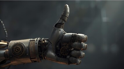 Robotic hand giving thumbs up in futuristic setting