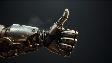 Naklejka premium Robotic hand giving thumbs up on dark background