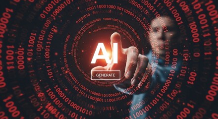 A persons finger hovers over an ai generate button amidst a digital vortex, symbolizing the fusion of human interaction and artificial intelligence