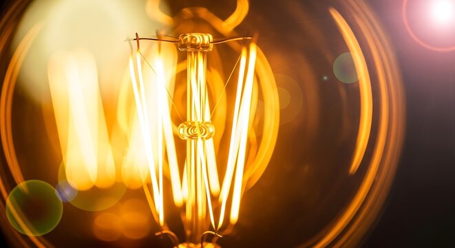 Closeup shot of a glowing vintage edison light bulb filament emitting warm, bright light with noticeable lens flare Background image