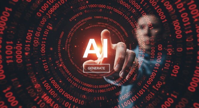 A persons finger hovers over an ai generate button amidst a digital vortex, symbolizing the fusion of human interaction and artificial intelligence