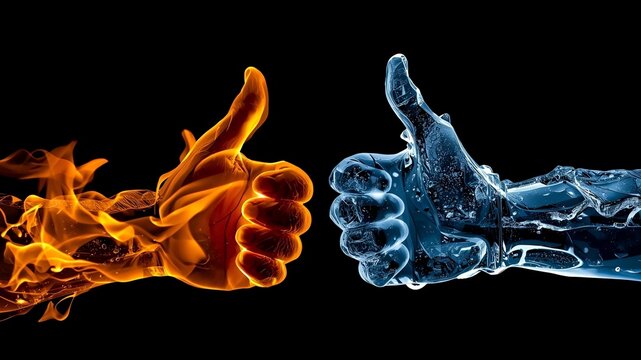 Conceptual image of fiery and icy thumbs up on black background